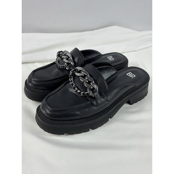 BP Tristan Flat Loafer Black 7.5 M Mule Slip On Chunky 90's Clogs Chain Lug Sole - Picture 3 of 11
